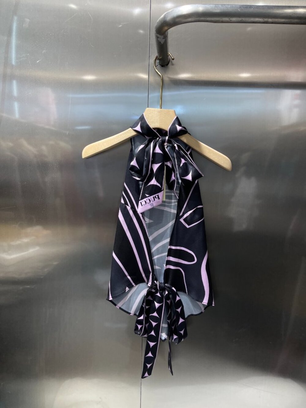🖤Pucci Black Light Pink Abstract Line Print Satin Halter Top Double Bow Tie - Picture 2 of 2